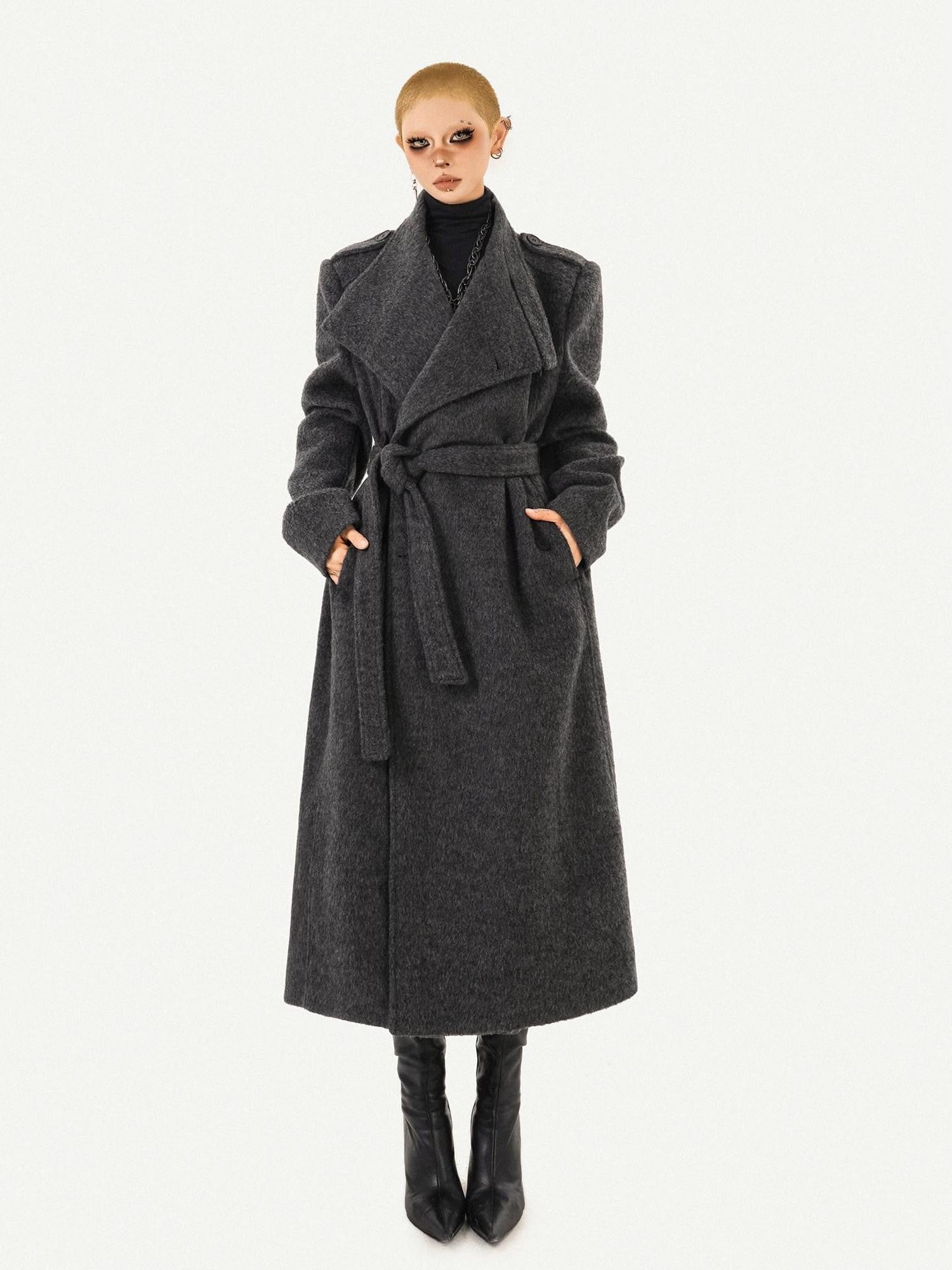 Nico Molly Double Face Notched Lapel Tie Belt Relaxed Mid Length Women's Wool Coats