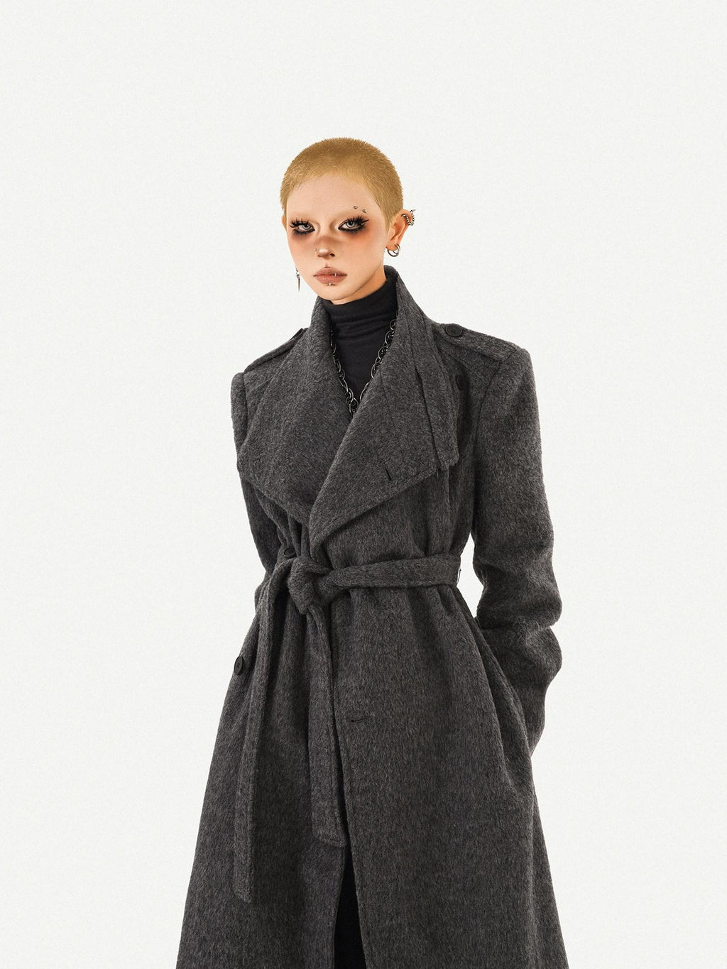 Nico Molly Double Face Notched Lapel Tie Belt Relaxed Mid Length Women's Wool Coats