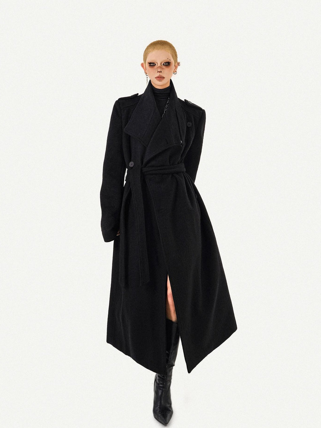 Nico Molly Double Face Notched Lapel Tie Belt Relaxed Mid Length Women's Wool Coats