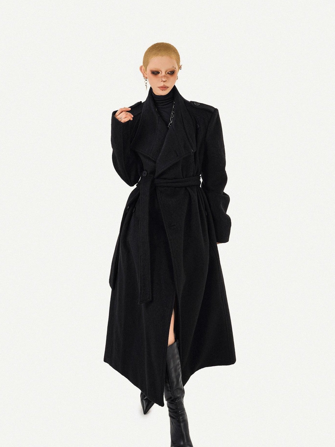 Nico Molly Double Face Notched Lapel Tie Belt Relaxed Mid Length Women's Wool Coats