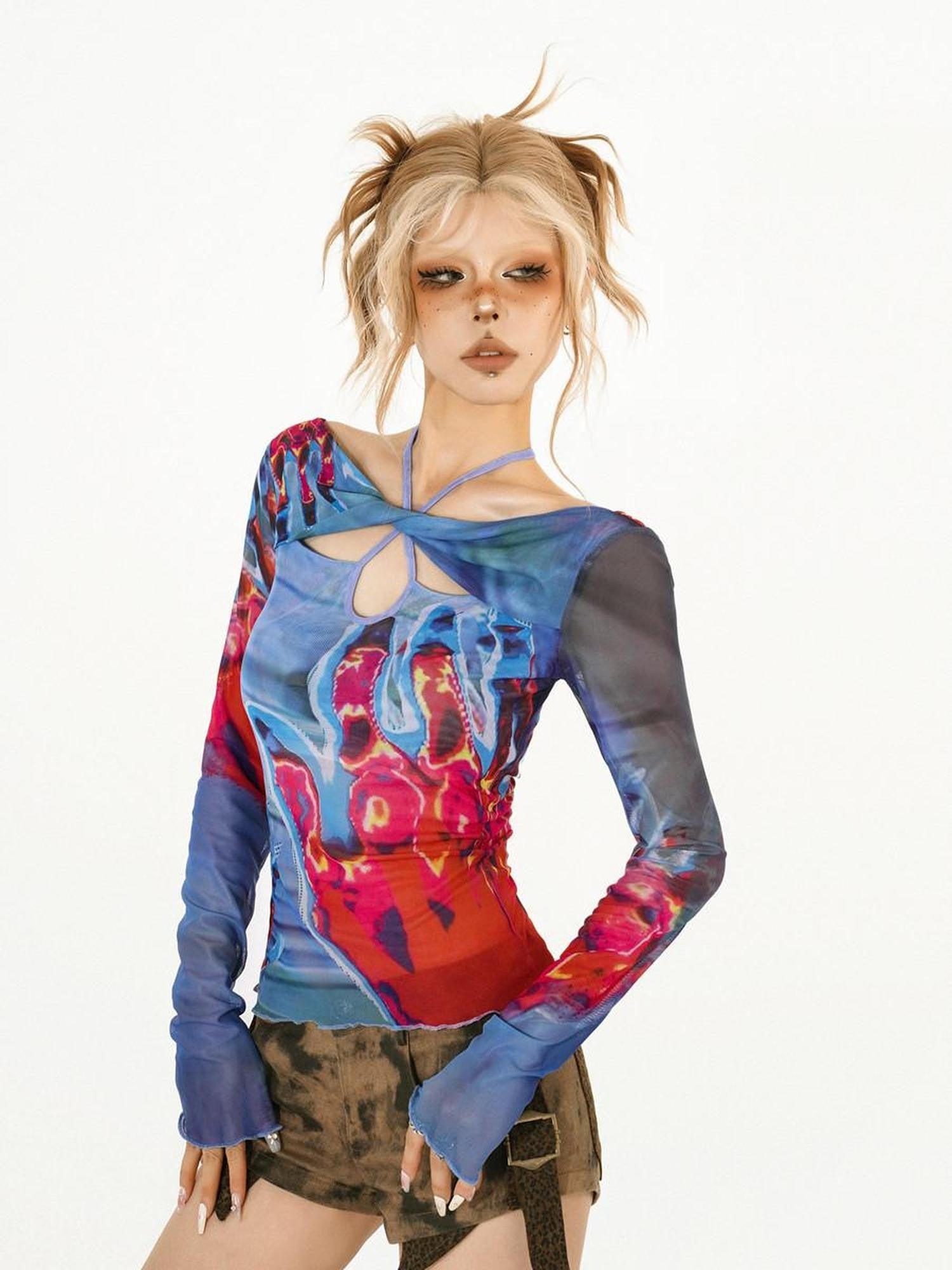 Nico Molly Edgy Hollowout Halter Slim Original Print Women's Mesh Long Sleeve T-shirts