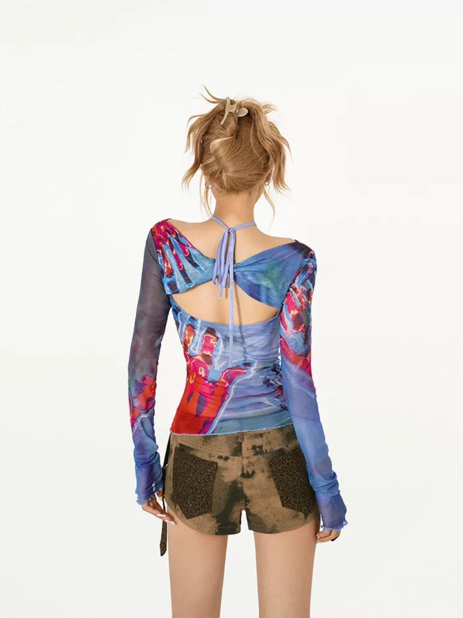 Nico Molly Edgy Hollowout Halter Slim Original Print Women's Mesh Long Sleeve T-shirts