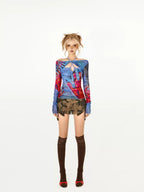 Nico Molly Edgy Hollowout Halter Slim Original Print Women's Mesh Long Sleeve T-shirts
