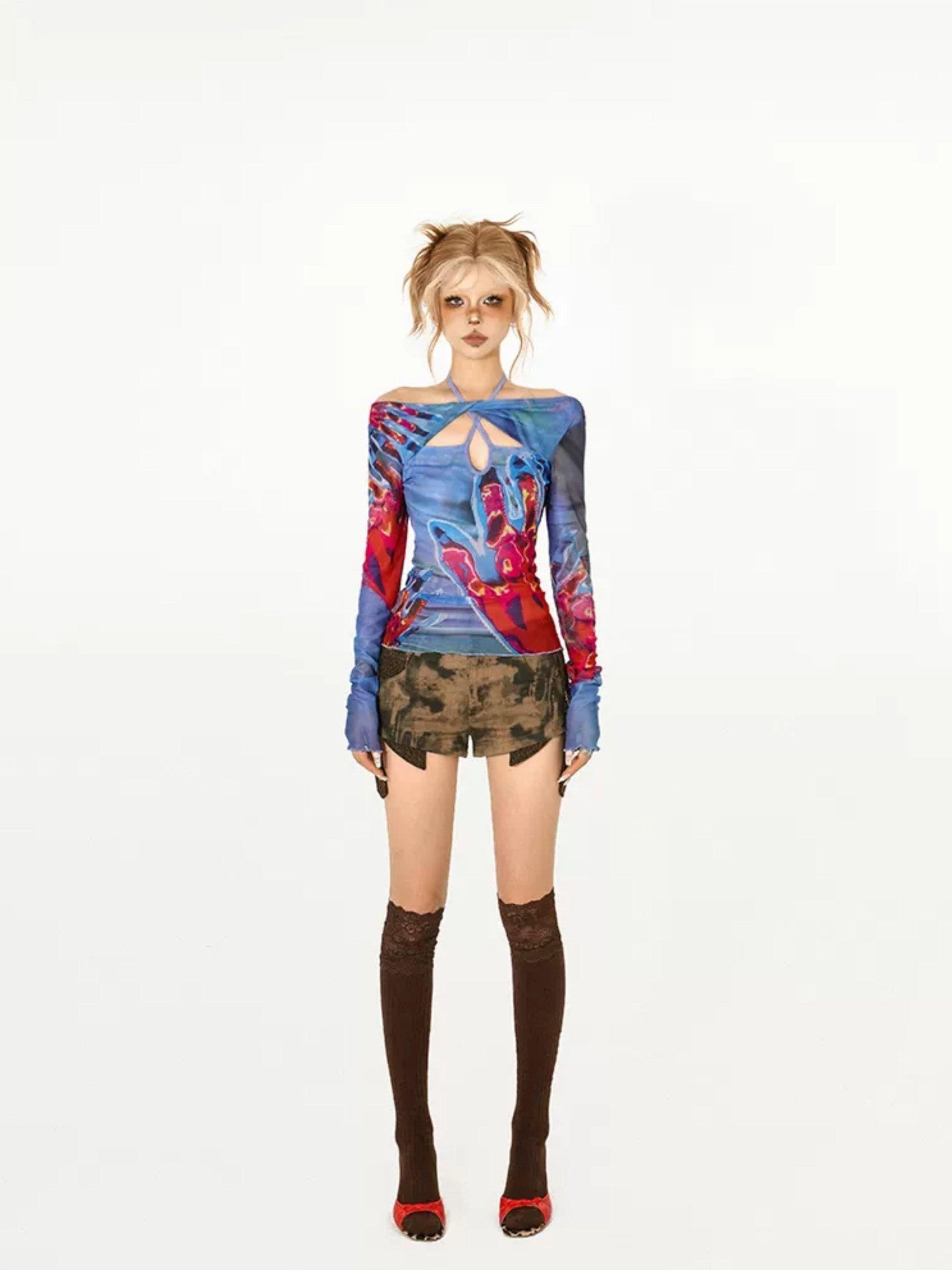 Nico Molly Edgy Hollowout Halter Slim Original Print Women's Mesh Long Sleeve T-shirts