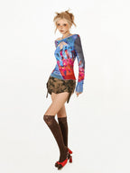 Nico Molly Edgy Hollowout Halter Slim Original Print Women's Mesh Long Sleeve T-shirts