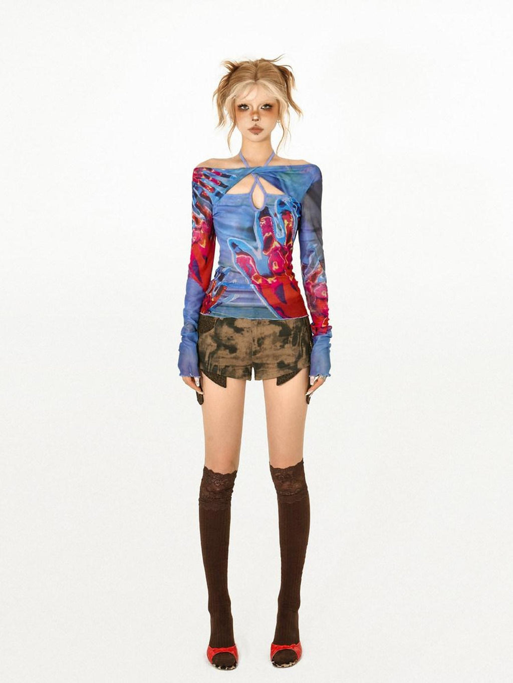 Nico Molly Edgy Hollowout Halter Slim Original Print Women's Mesh Long Sleeve T-shirts