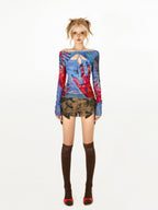 Nico Molly Edgy Hollowout Halter Slim Original Print Women's Mesh Long Sleeve T-shirts