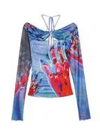 Nico Molly Edgy Hollowout Halter Slim Original Print Women's Mesh Long Sleeve T-shirts