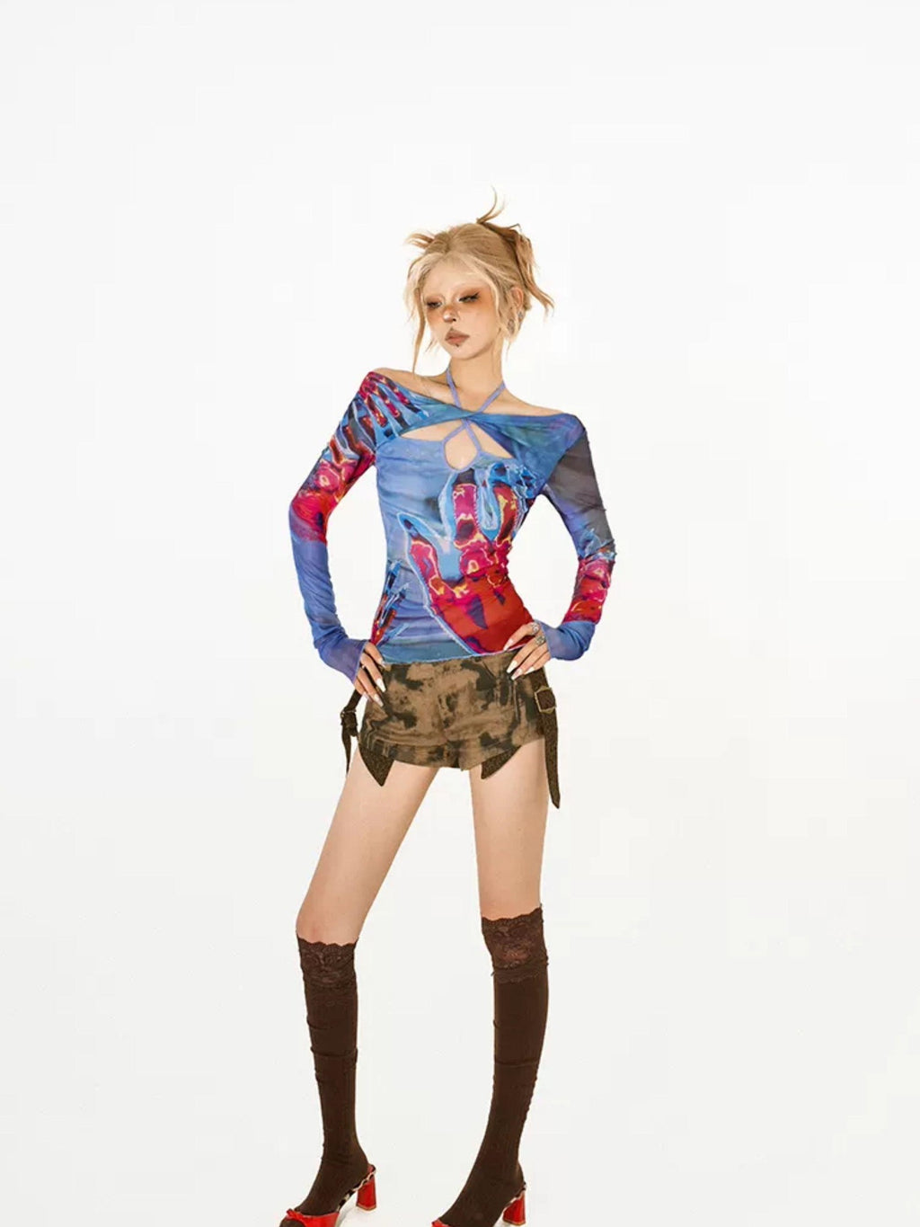 Nico Molly Edgy Hollowout Halter Slim Original Print Women's Mesh Long Sleeve T-shirts