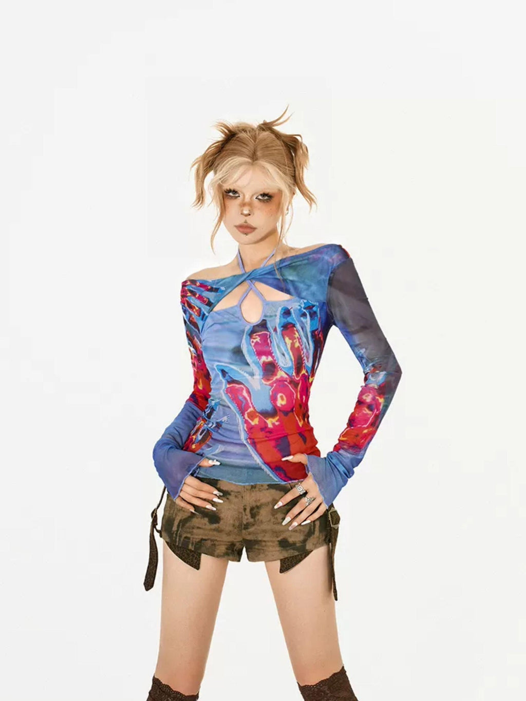 Nico Molly Edgy Hollowout Halter Slim Original Print Women's Mesh Long Sleeve T-shirts