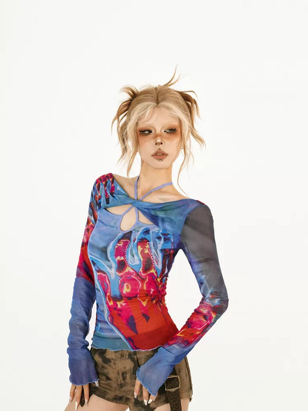 Nico Molly Edgy Hollowout Halter Slim Original Print Women's Mesh Long Sleeve T-shirts