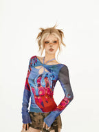 Nico Molly Edgy Hollowout Halter Slim Original Print Women's Mesh Long Sleeve T-shirts