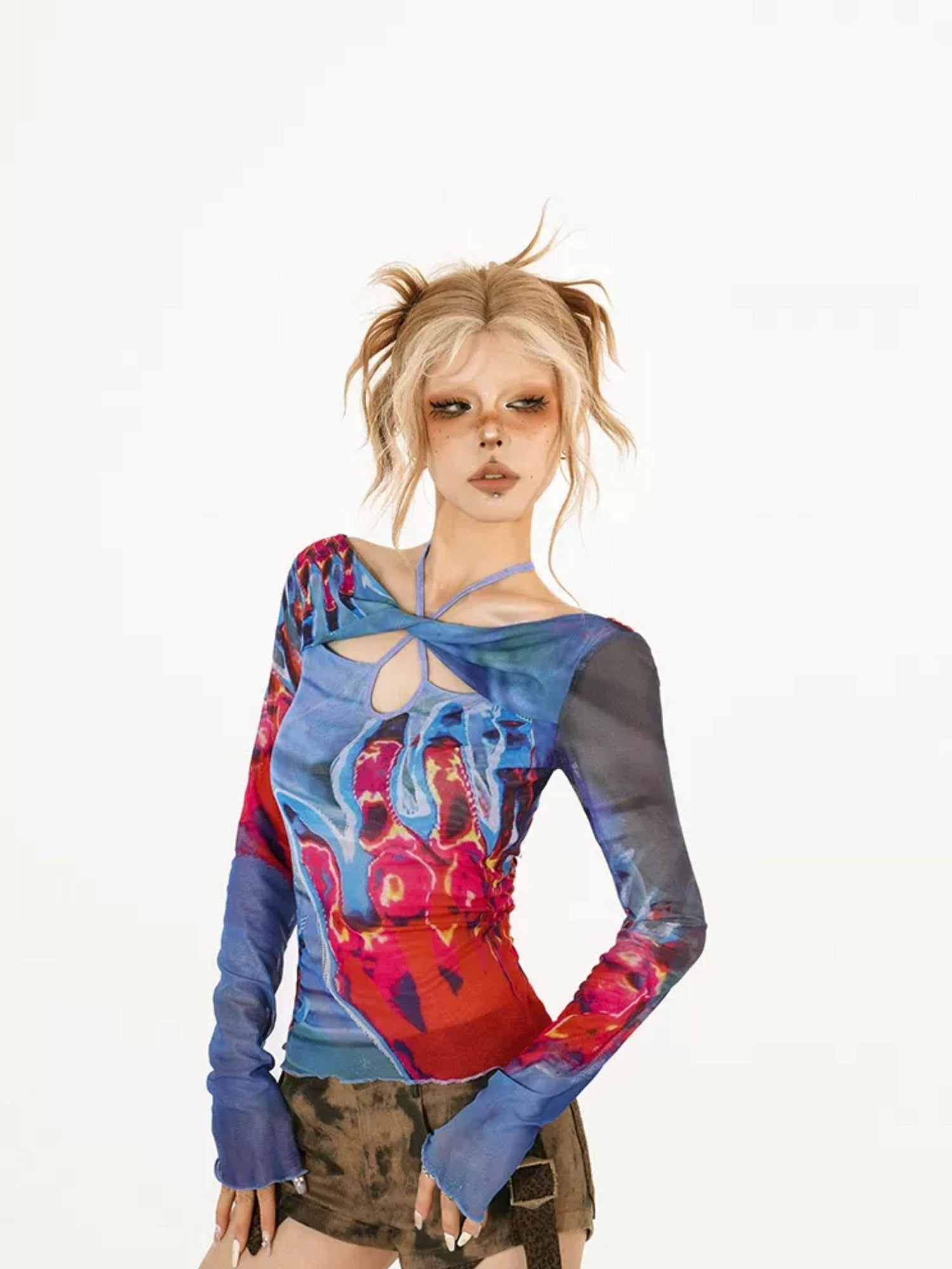 Nico Molly Edgy Hollowout Halter Slim Original Print Women's Mesh Long Sleeve T-shirts