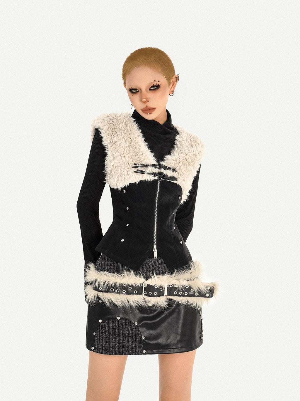 Nico Molly Edgy Punk Knit Patchwork Leather Women's High Waist A Line Mini Skirts