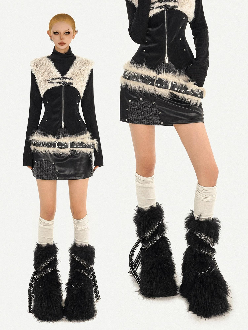Nico Molly Edgy Punk Knit Patchwork Leather Women's High Waist A Line Mini Skirts