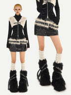 Nico Molly Edgy Punk Knit Patchwork Leather Women's High Waist A Line Mini Skirts