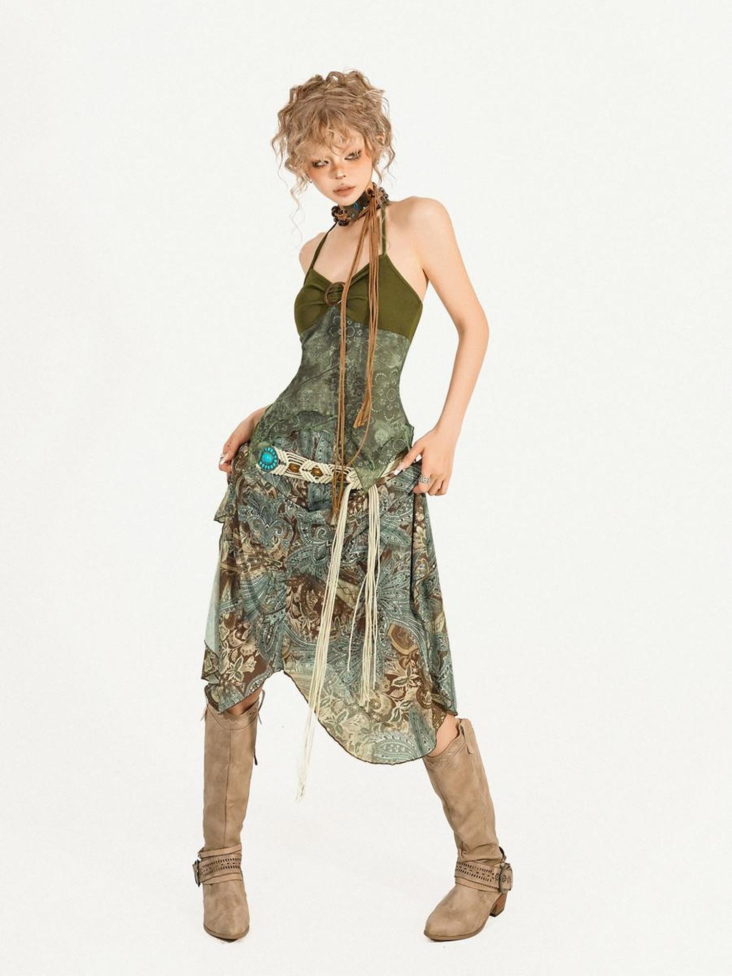 Nico Molly Forest Fairy Print Patchwork Asymmetrical V-neck Women's Top & Skirt Sets