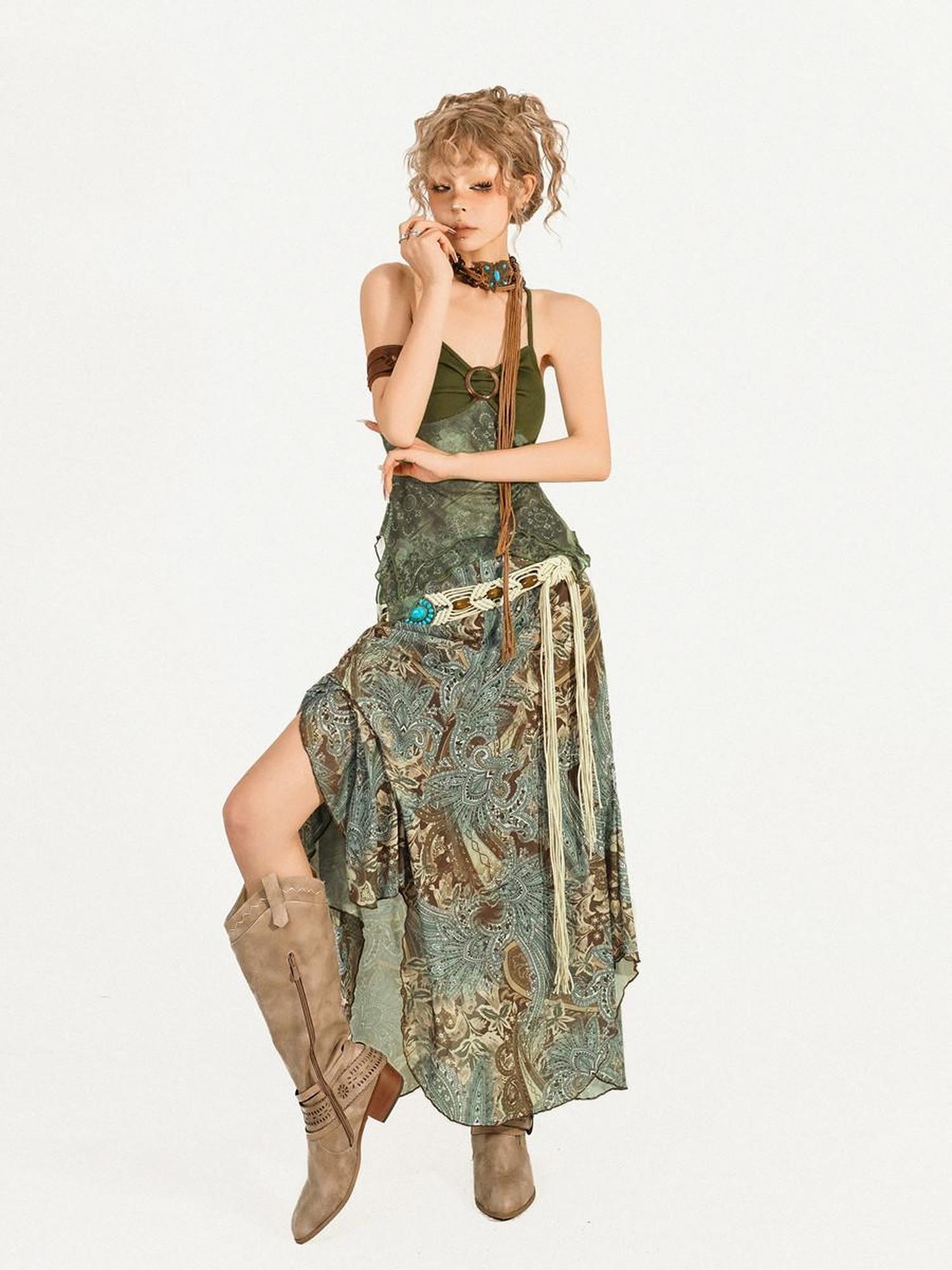 Nico Molly Forest Fairy Print Patchwork Asymmetrical V-neck Women's Top & Skirt Sets