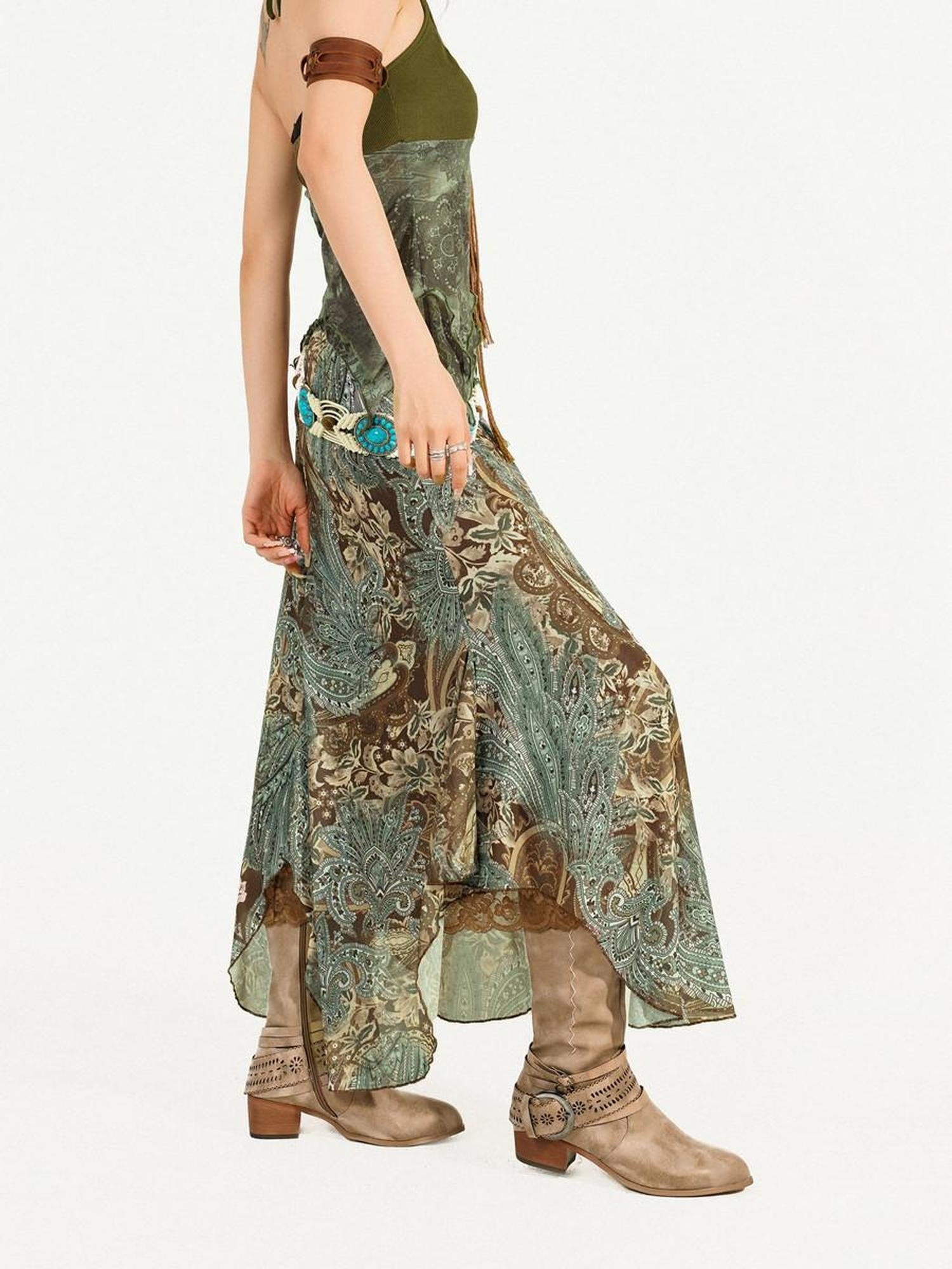 Nico Molly Forest Fairy Print Patchwork Asymmetrical V-neck Women's Top & Skirt Sets