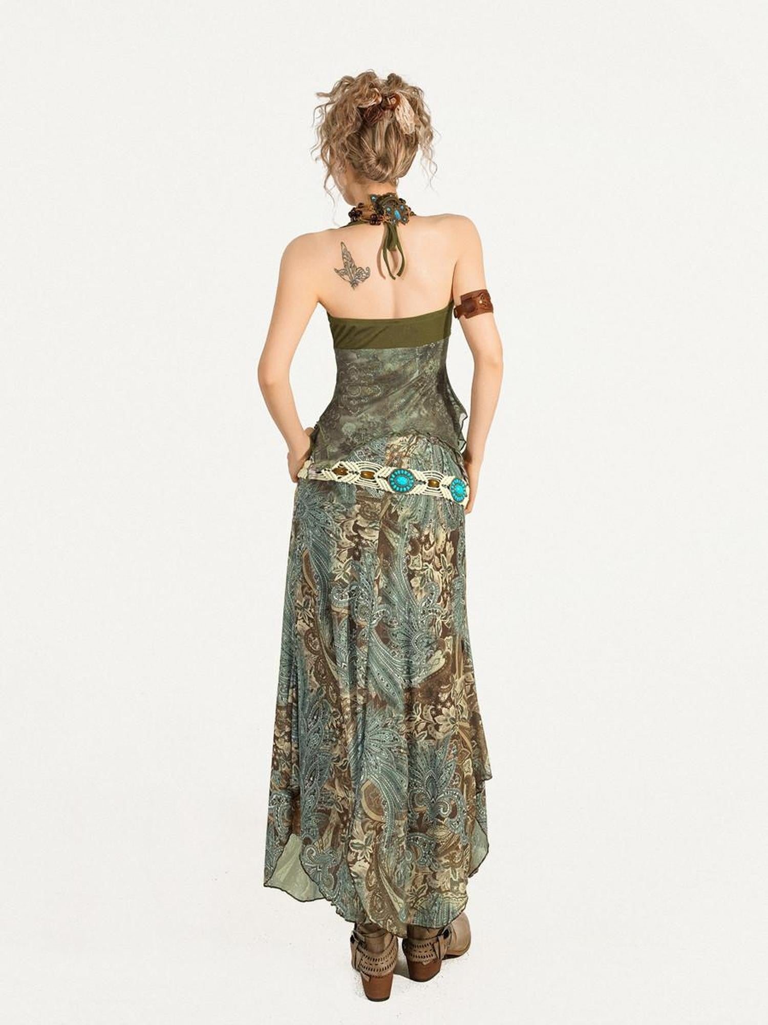 Nico Molly Forest Fairy Print Patchwork Asymmetrical V-neck Women's Top & Skirt Sets