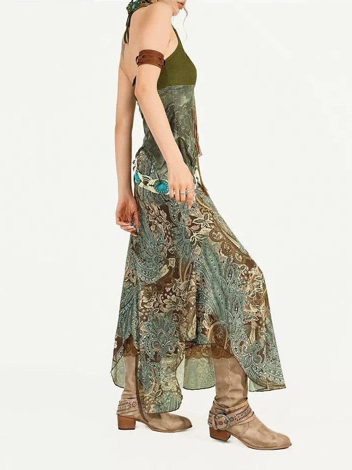 Nico Molly Forest Fairy Print Patchwork Asymmetrical V-neck Women's Top & Skirt Sets