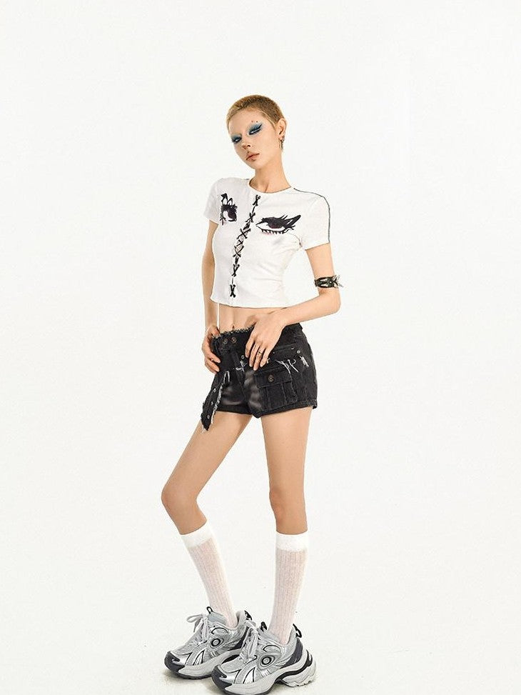Nico Molly Frayed Hem Distressed Multi Pocket Workwear Women's Brushed Denim Denim Shorts