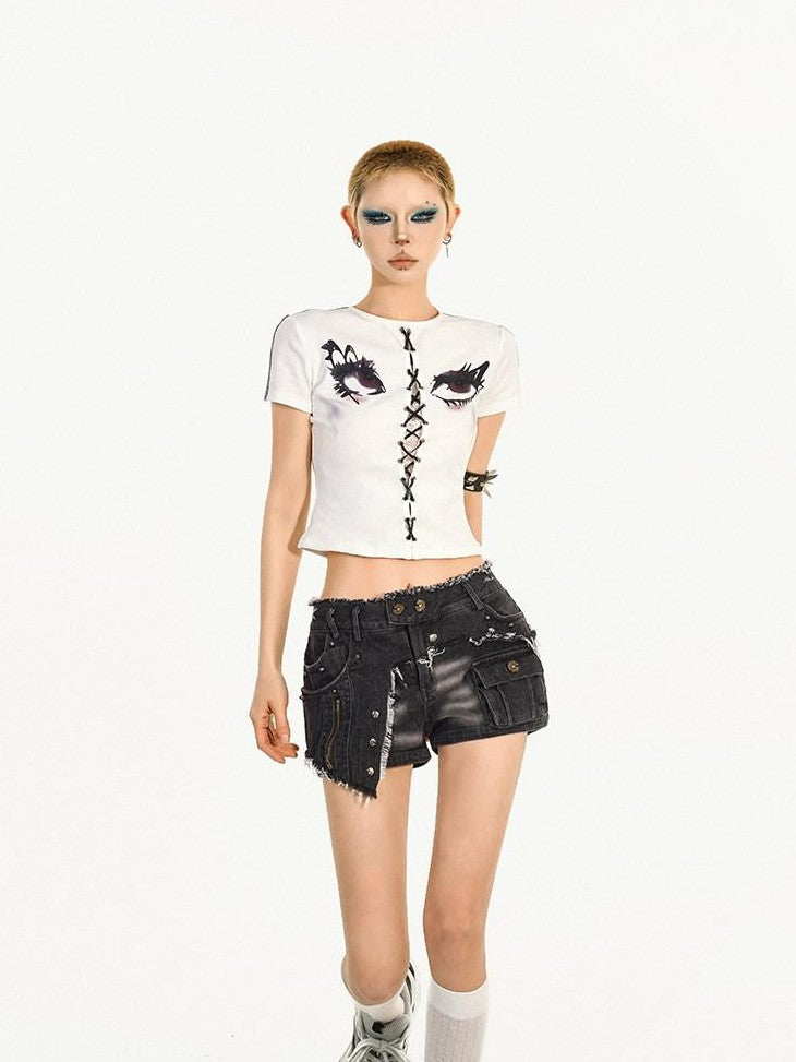 Nico Molly Frayed Hem Distressed Multi Pocket Workwear Women's Brushed Denim Denim Shorts