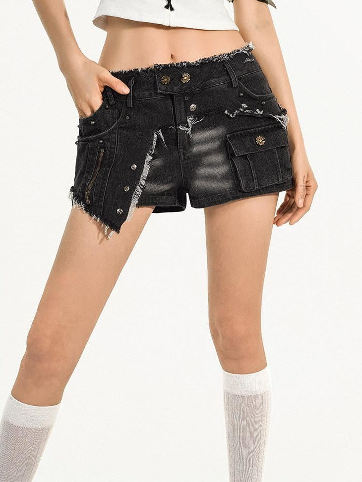 Nico Molly Frayed Hem Distressed Multi Pocket Workwear Women's Brushed Denim Denim Shorts