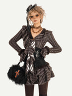 Nico Molly Frayed Patchwork Waist Cinch Striped V-neck Women's Knitted Top & Skirt Sets