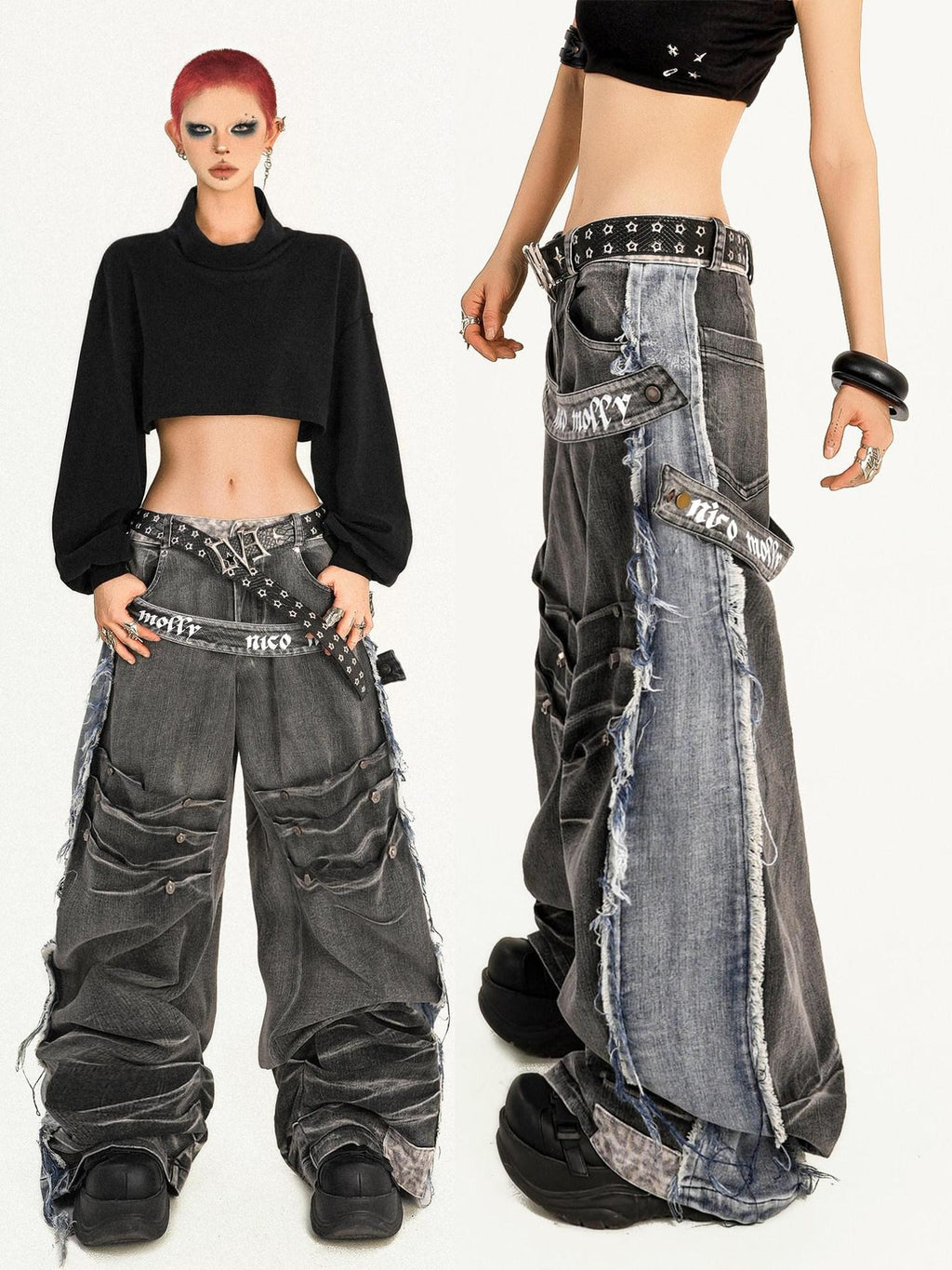 Nico Molly Frayed Washed Distressed Punk Mechanical Women's Denim Wide-leg Jeans
