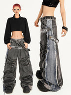 Nico Molly Frayed Washed Distressed Punk Mechanical Women's Denim Wide-leg Jeans