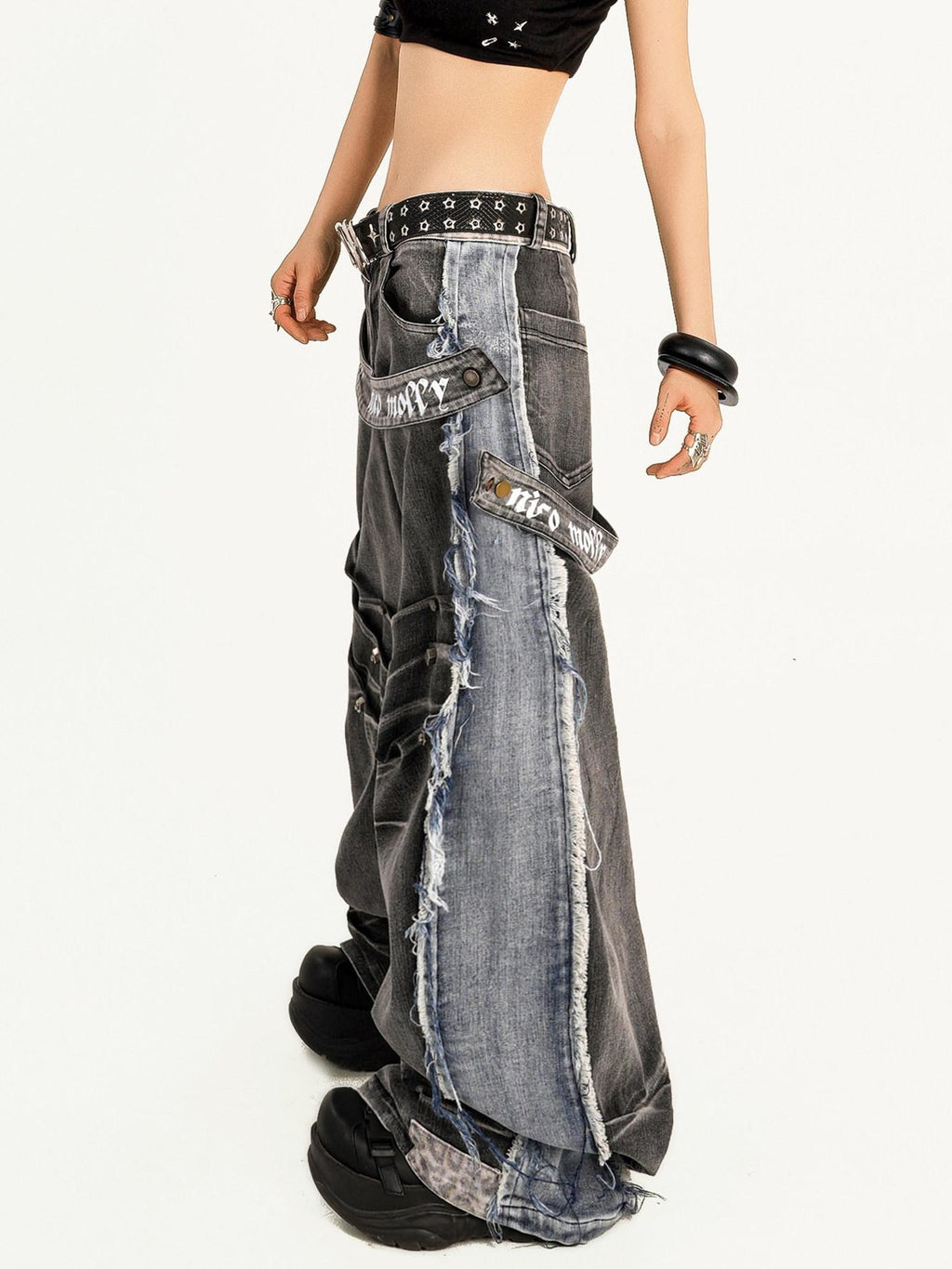 Nico Molly Frayed Washed Distressed Punk Mechanical Women's Denim Wide-leg Jeans