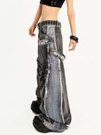 Nico Molly Frayed Washed Distressed Punk Mechanical Women's Denim Wide-leg Jeans