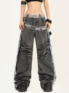 Nico Molly Frayed Washed Distressed Punk Mechanical Women's Denim Wide-leg Jeans