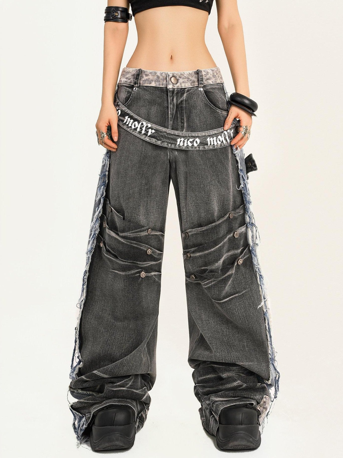 Nico Molly Frayed Washed Distressed Punk Mechanical Women's Denim Wide-leg Jeans