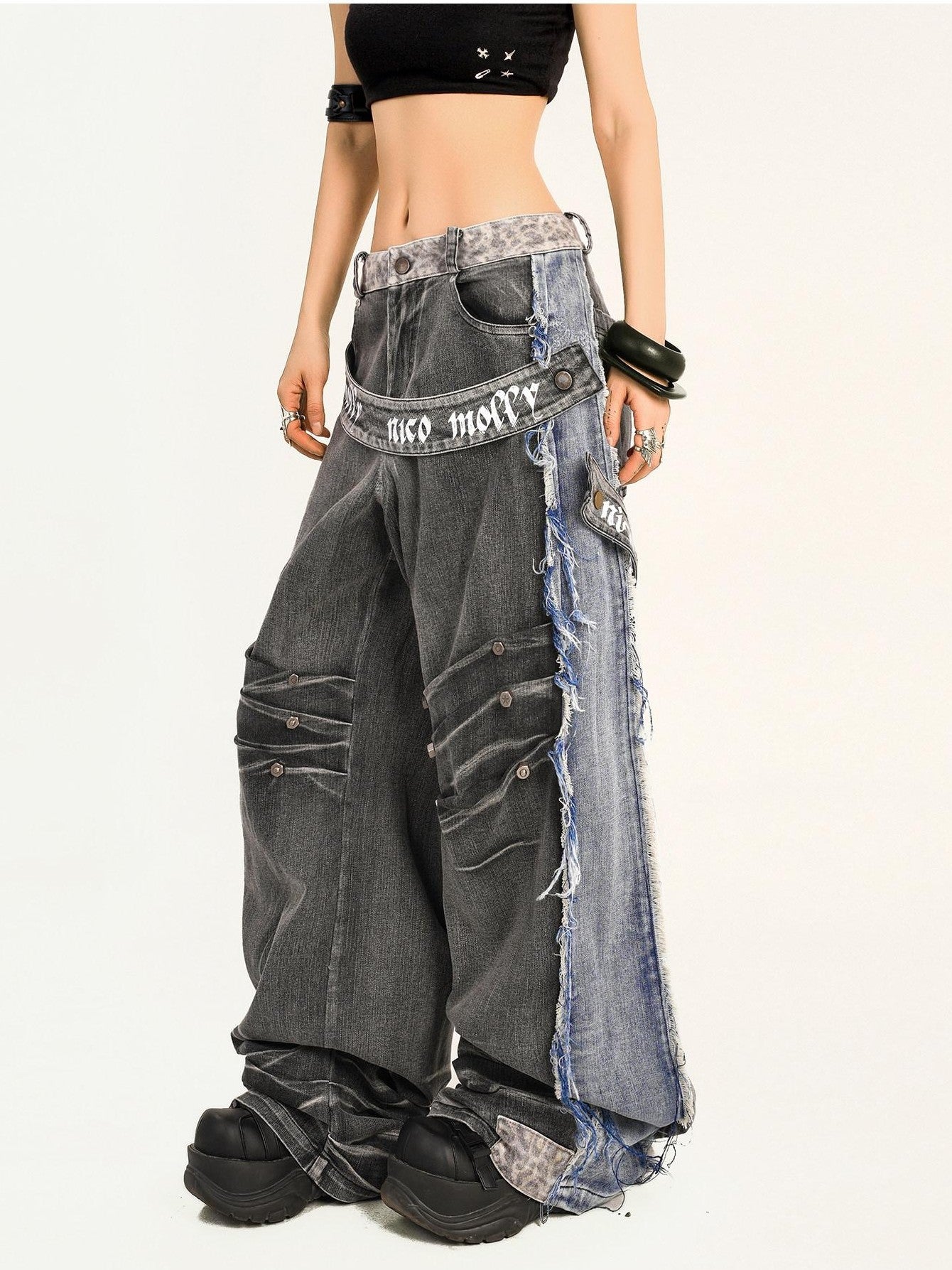 Nico Molly Frayed Washed Distressed Punk Mechanical Women's Denim Wide-leg Jeans