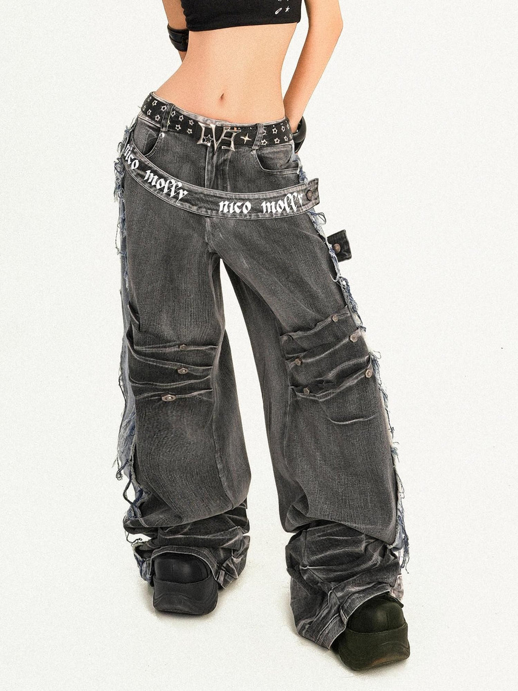 Nico Molly Frayed Washed Distressed Punk Mechanical Women's Denim Wide-leg Jeans