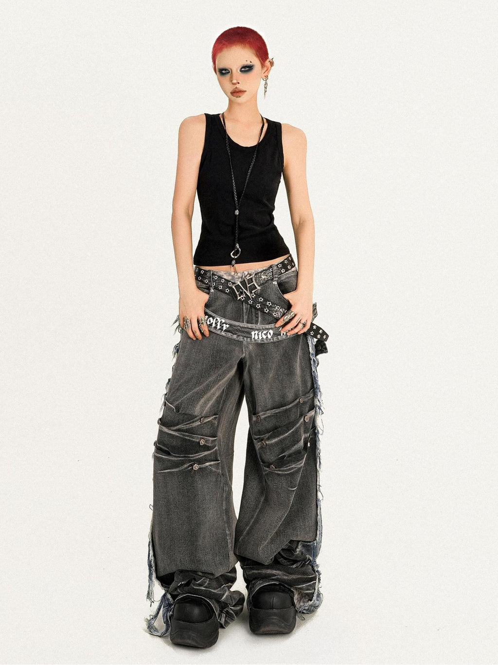 Nico Molly Frayed Washed Distressed Punk Mechanical Women's Denim Wide-leg Jeans