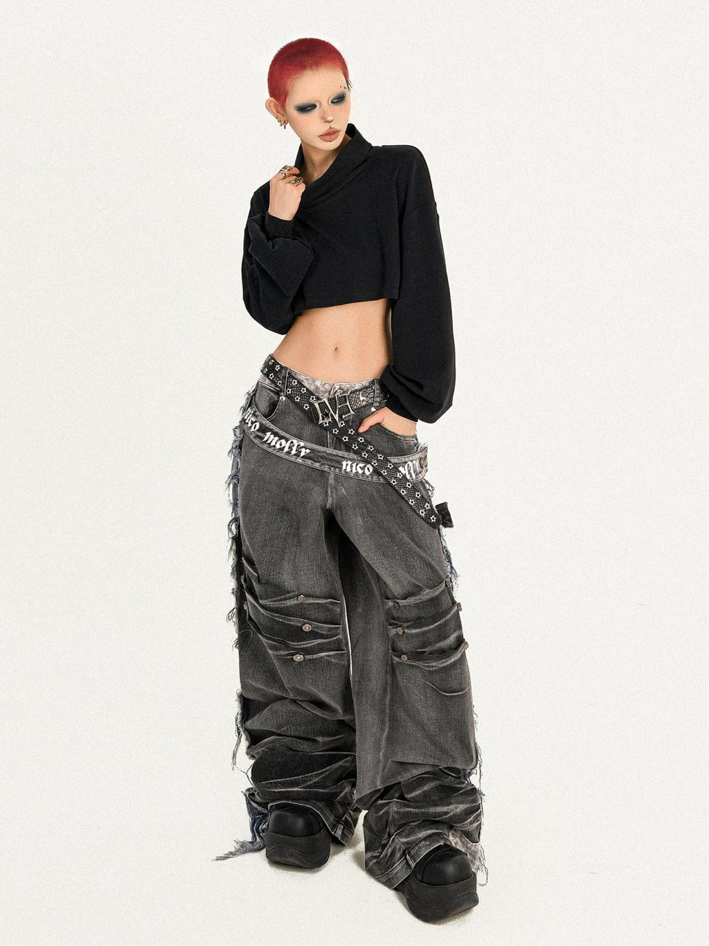 Nico Molly Frayed Washed Distressed Punk Mechanical Women's Denim Wide-leg Jeans