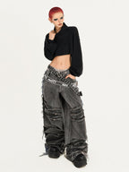Nico Molly Frayed Washed Distressed Punk Mechanical Women's Denim Wide-leg Jeans