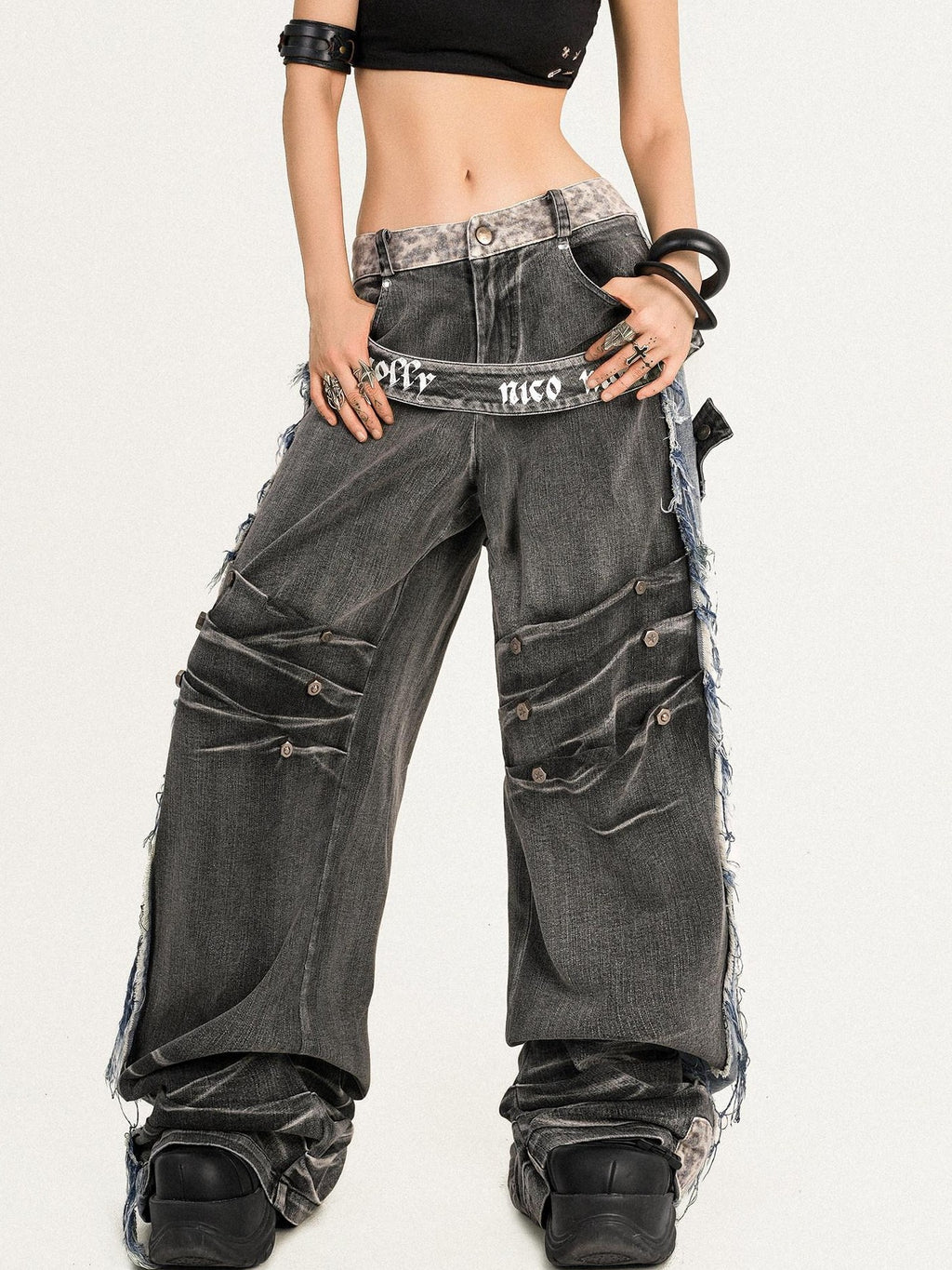 Nico Molly Frayed Washed Distressed Punk Mechanical Women's Denim Wide-leg Jeans