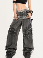 Nico Molly Frayed Washed Distressed Punk Mechanical Women's Denim Wide-leg Jeans