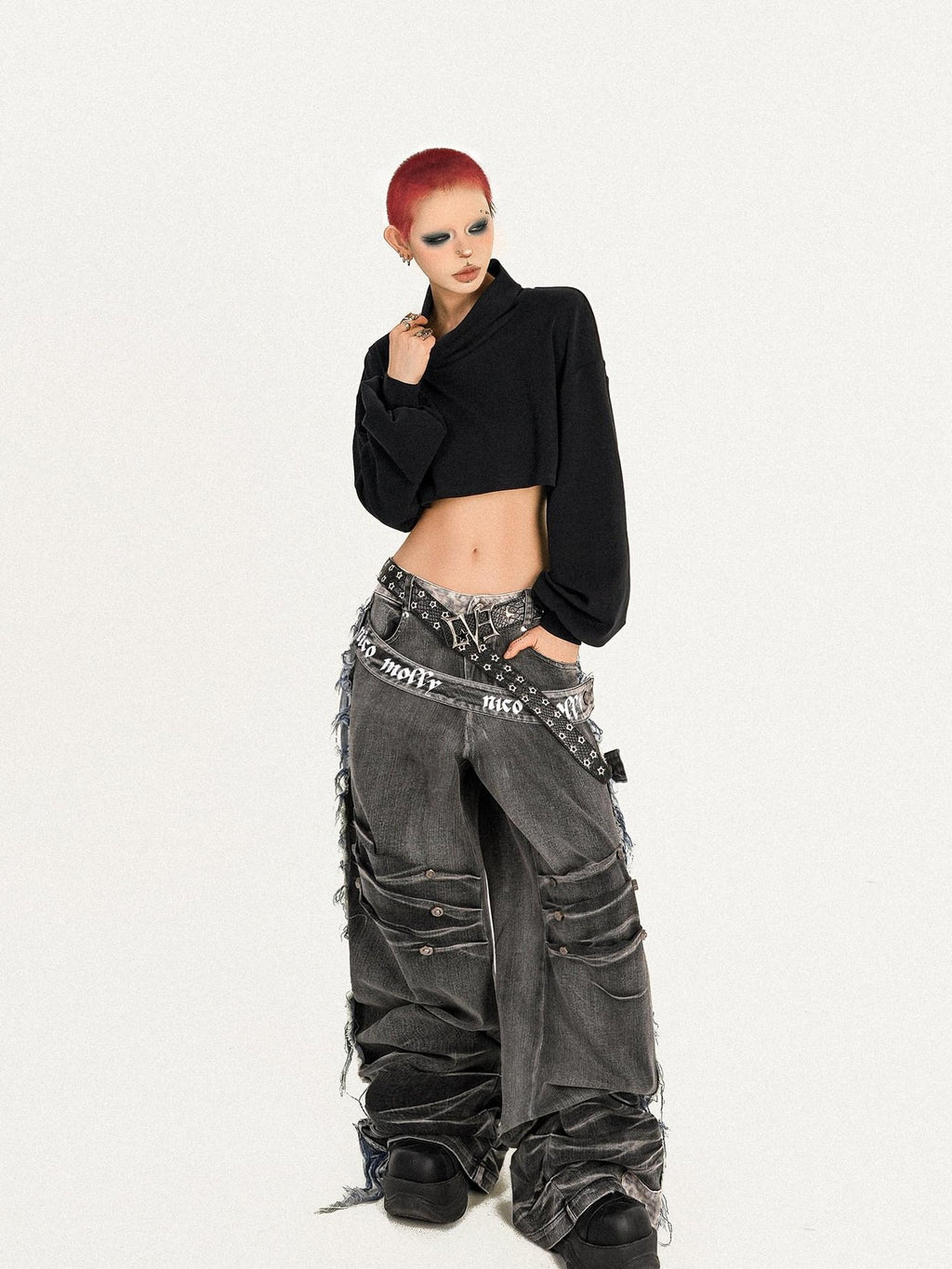 Nico Molly Frayed Washed Distressed Punk Mechanical Women's Denim Wide-leg Jeans