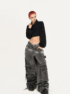 Nico Molly Frayed Washed Distressed Punk Mechanical Women's Denim Wide-leg Jeans