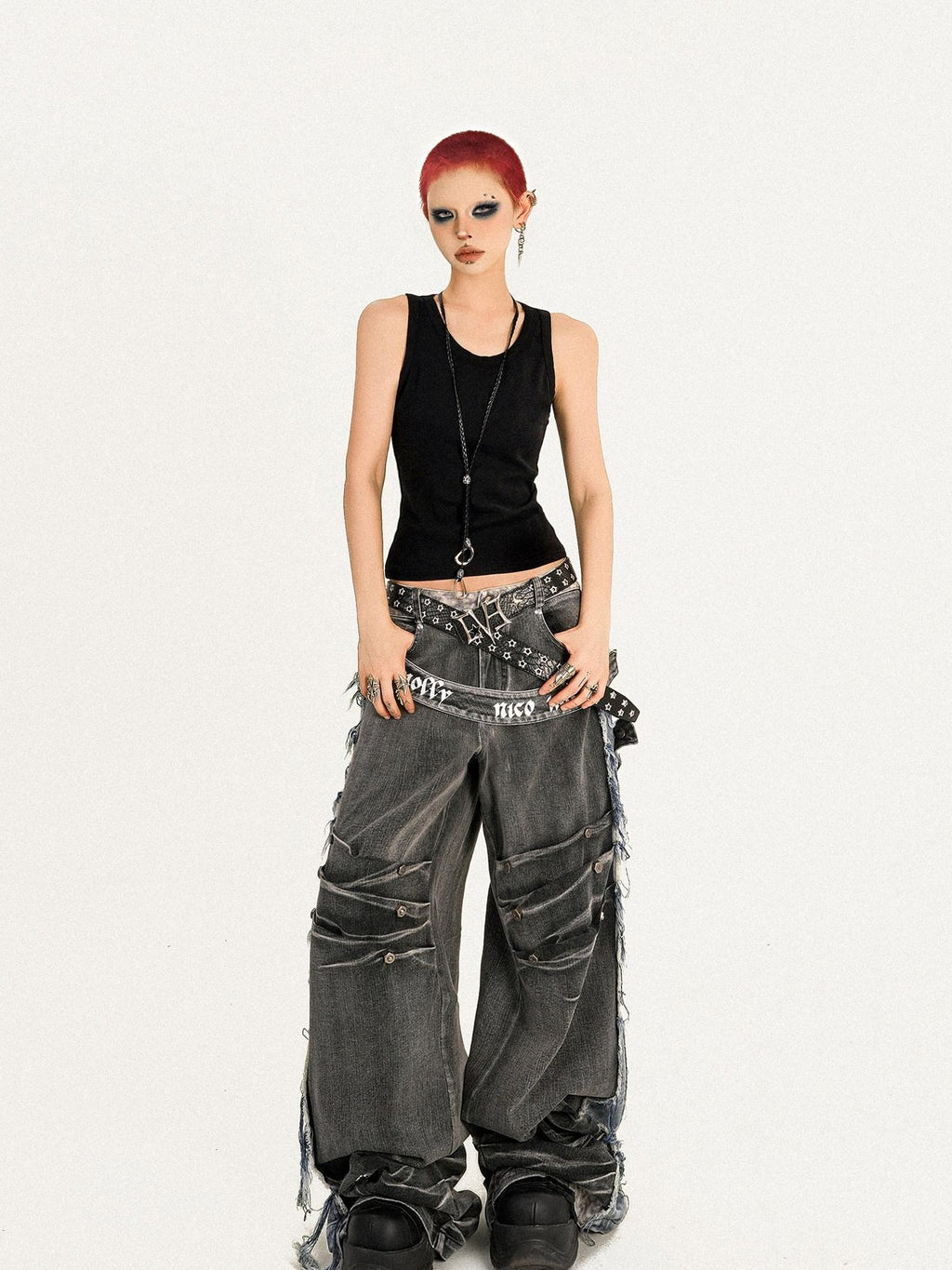 Nico Molly Frayed Washed Distressed Punk Mechanical Women's Denim Wide-leg Jeans