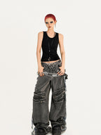Nico Molly Frayed Washed Distressed Punk Mechanical Women's Denim Wide-leg Jeans