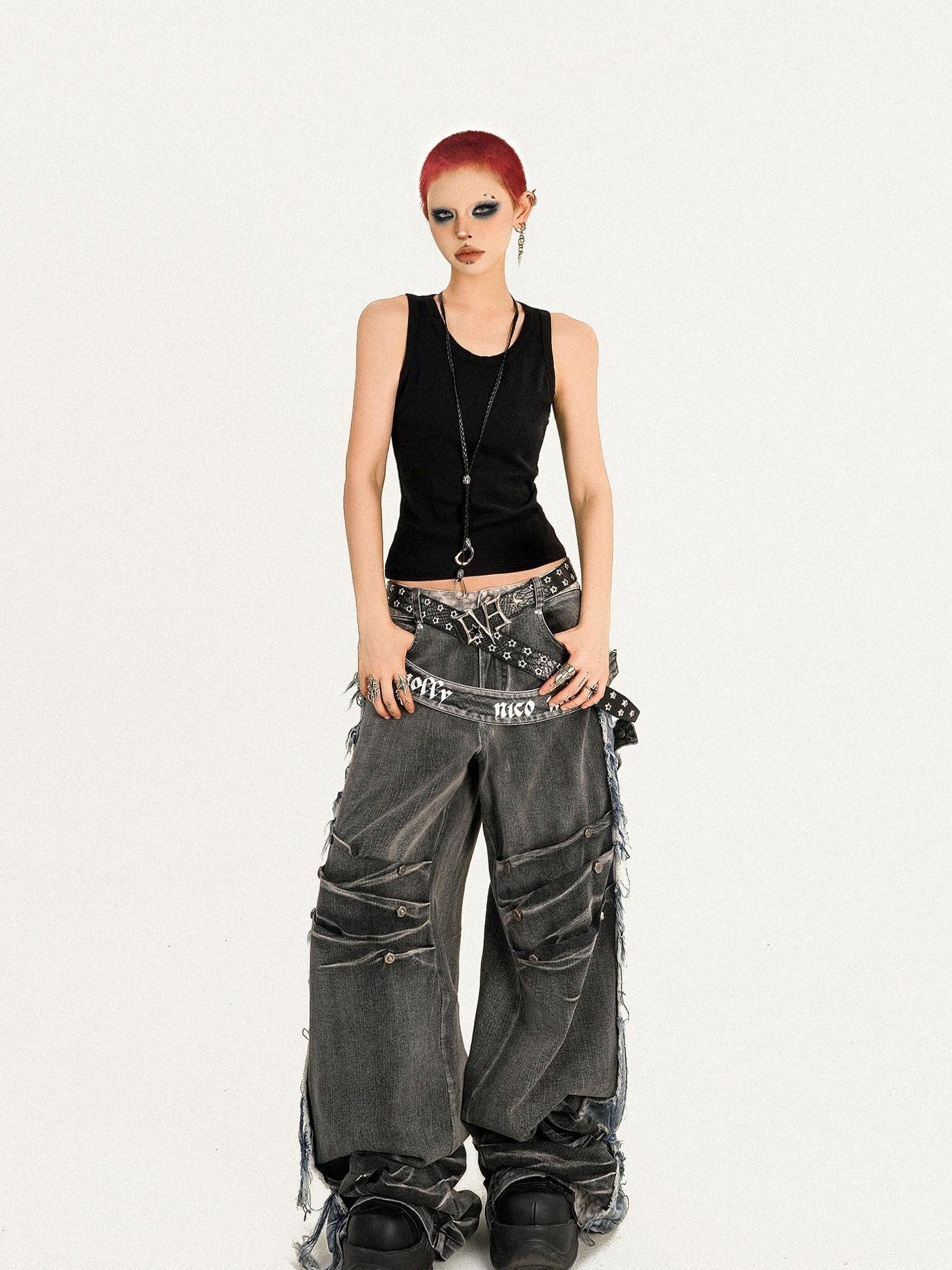 Nico Molly Frayed Washed Distressed Punk Mechanical Women's Denim Wide-leg Jeans