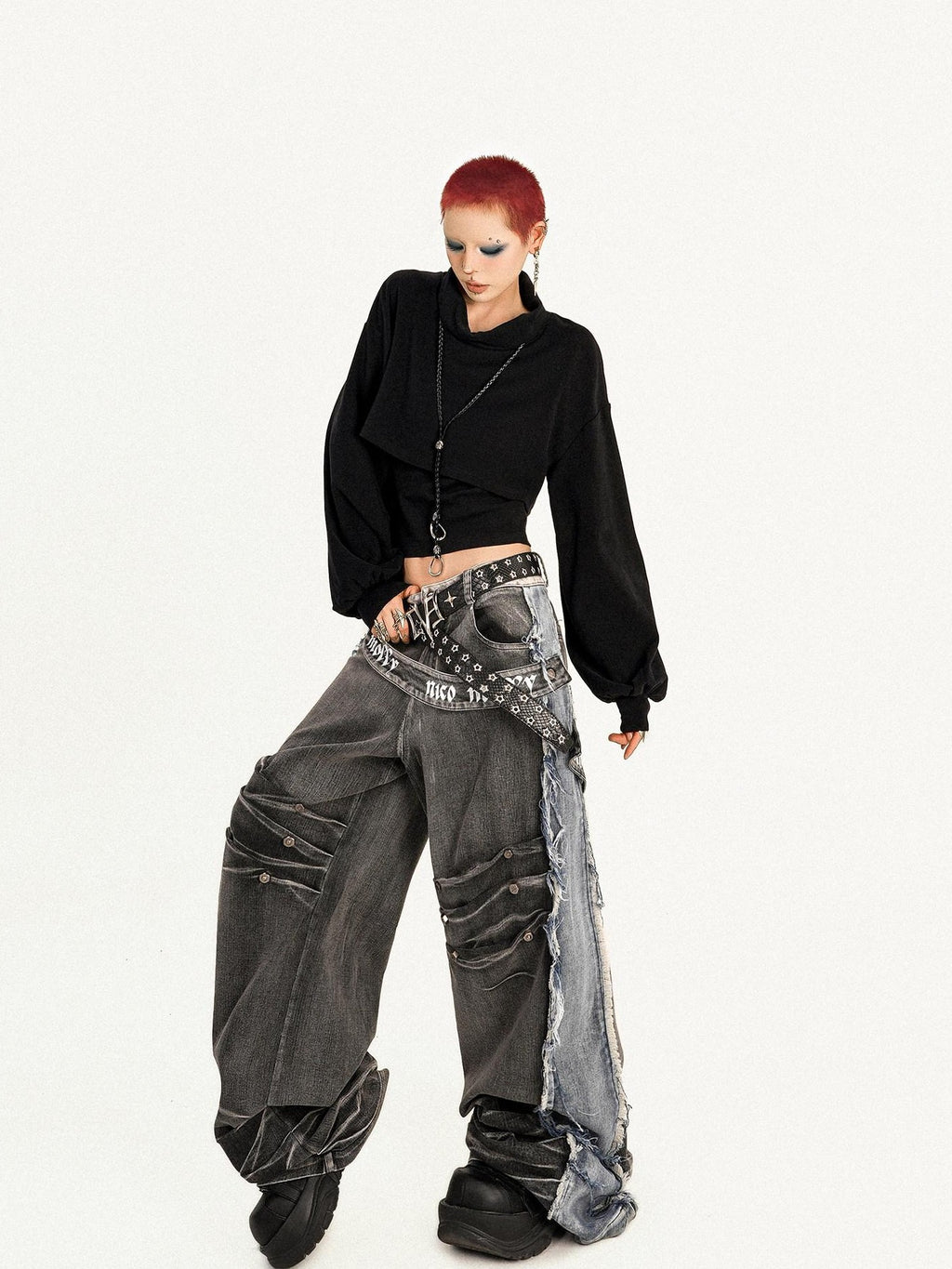 Nico Molly Frayed Washed Distressed Punk Mechanical Women's Denim Wide-leg Jeans