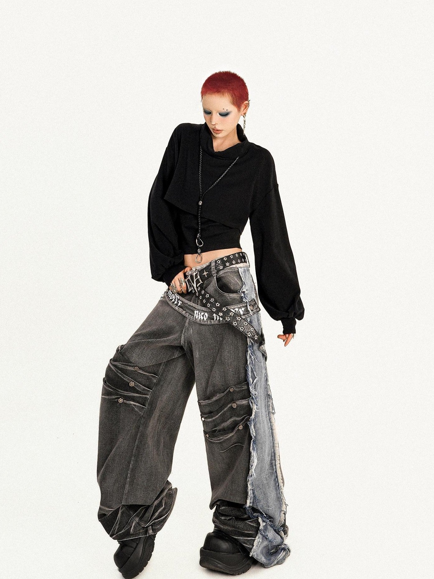 Nico Molly Frayed Washed Distressed Punk Mechanical Women's Denim Wide-leg Jeans