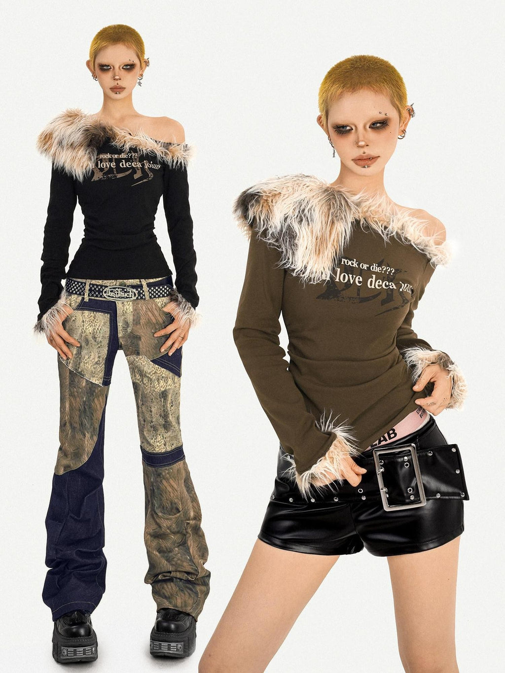 Nico Molly Fur Collar Asymmetric One Shoulder Letter Print Women's Long Sleeve T-shirts